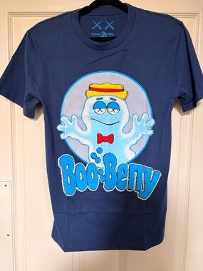 KAWS Navy Blue Boo-Berry Graphic Tee with Light Blue, Yellow & Red Accents